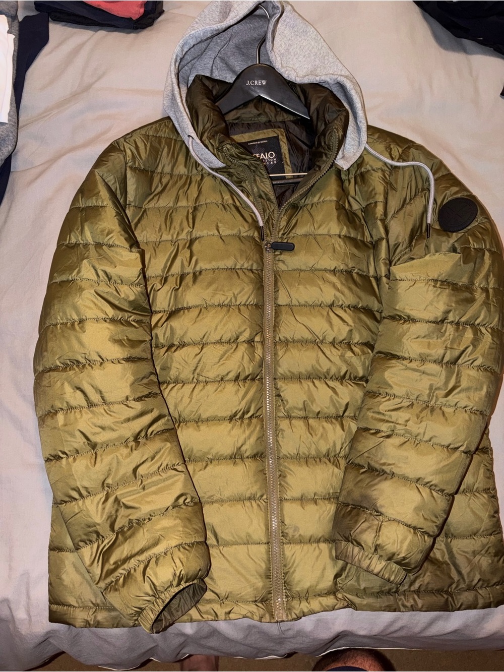 Buffalo David Bitton Olive Green Puffer Jacket with Gray Hood